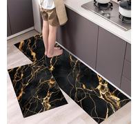 2 pezzi tappeti da cucina Lusso Ed Eleganza, tappetini da cucina Marmo Nero antiscivolo lavabile, per cucina corridoio soggiorno camera da letto, Oro, 60x90cm+60x180cm