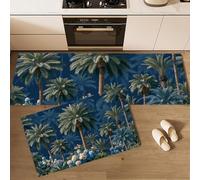 2 Pezzi Tappeti Da Cucina Stile Tropicale, Tappetini Da Cucina Palme Ortensie Antiscivolo Lavabile, Per Cucina Corridoio Soggiorno Camera Da Letto, Blu Navy, 43x75cm+43x150cm