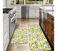 2 pezzi Tappetini da Cucina 40x60 cm+40x120 cm,Nature Exotic Lemon Tree Rami Yummy Delicious Kitchen Gardening Design, felce verde ,Antiscivolo Supporto in Gomma Zerbino Lavabile Tappeto in Microfibra