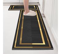 2 Pezzi Tappeto Cucina Passatoia Oro Nero Tappeti Tappeto Cucina Antiscivolo Lavabile Tappetino Tappeti da Cucina Moderno Lungo per Soggiorno, Bagno, Corridoio