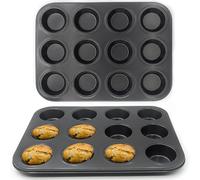 2 Pezzi Teglia Muffin Antiaderente Riutilizzabili con 12 Stampo, Stampi per Dolci Mini 35.3 x 26.2 x 3 cm, Bakeware Budini Acciaio Carbonio per Cupcake, Brownies, Pasticci Carne, Quiche (Nero, Ø 6.5)