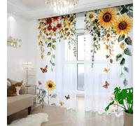 2 pezzi Tende trasparenti con stampa ad acquerello di girasoli e decorazioni a farfalla, un must-have per uno stile rurale caldo e romantico, adatte per cucina, caffetteria, soggiorno, sala da pranzo