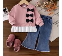 2 pezzi Top + Pantaloni a zampa di elefante per bambina piccola, Carina Principessa Rosa Blu, Patchwork con fiocco 3D, Maniche lunghe, Girocollo, Regular, Compleanno, Autunno, Balletto, Sorella Maggio
