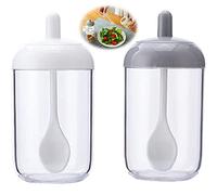 2 Pezzi Trasparenti Vasi Condimento, Plastica Spice Jars, Cucina Scatola di Spezie, Barattoli di Spezie Ermetici con Coperchio e Cucchiaio per Zucchero, Sale, Pepe, Peperoncino, Grigio, Bianco