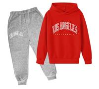 2 pezzi tuta autunnale con cappuccio per ragazze Los Angeles California 2025 abiti per bambini tuta con cappuccio lettera grafica comodi pantaloni tuta set tuta casual set, Rosso, 13-14 Years