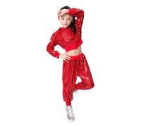 2 pezzi tuta da ballo con paillettes a maniche lunghe con zip intera giacche scintillanti jazz moderno street dance sport abiti hip hop danza performance party street dance abbigliamento, Rosso, 5-6