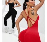 2 pezzi Tuta senza cuciture in maglia nera e rossa con schiena incrociata, leggings attivi comodi e elastici adatti per yoga, fitness, attività all'aperto e casual, adatti per primavera, estate, autun