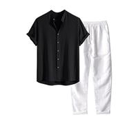 2 Pezzi Tuta Uomo Completi Camicia Scollo a V + Pantaloni Casual Tute da Spiaggia Maniche Lunghe/Corte Estate Set Pigiama Tuta Cotone e Lino Tuta Morbido Leggero Taglie Forti
