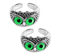 (2 pezzi unisex in acciaio inox Funky Trend regolabile/apribile decorativo occhiali di cristallo verde occhi demoniaca gufo/ullu uccello faccia design pollice anello per buona fortuna e saggezza