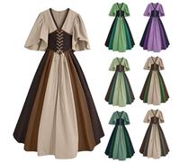 2 Pezzi Vestito Halloween Donna con Cintura Sets, Scollo a V Vintage Abito Donna Colori a Contrasto Vestiti Costume Medievale Maniche Corte Rinascimentale Abbigliamento da Sera Curvy Cocktail Abiti