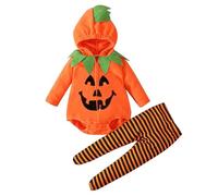 2 Pezzi Zucca Halloween Costume Neonato Maniche Lunghe Vestito Halloween Neonati Costumi Carnevale Neonato Unisex Costume Zucca Neonati Tuta Con Cappuccio+Pantaloni a Righe Vestiti da Carnevale