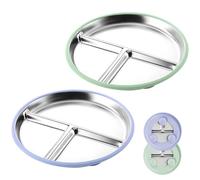 2 Piatto in acciaio inox per bambini, con ventosa in acciaio inox, piatto antiscivolo con tre scomparti e coperchio trasparente per pasti sani, Pulizia rimovibile in silicone