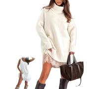 2 Piece Women's Turtleneck Sweater Mini Dress Set, Combining a Soft Sweater Dress with an Elegant Lace-Trim Slip，2026 Turtleneck Skirt Set (White,XL)