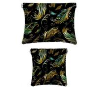 2 pochette per cosmetici tascabili in finta pelle, piccola borsa per il trucco per borsa, portatile, senza cerniera, organizer per accessori cosmetici, rossetto, piume di pavone verde dorato, Motivo: