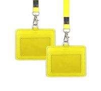 2 porta badge in poliuretano a doppia faccia, 10,4 x 8,4 cm, con cordino per il collo, carta d'identità orizzontale, in vera pelle, porta carte di identità in pelle, per scuola e ufficio (giallo)