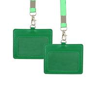 2 porta badge in poliuretano a doppia faccia, 10,4 x 8,4 cm, con cordino per il collo, carta d'identità orizzontale, in vera pelle, porta carte di identità in pelle, per scuola e ufficio (verde)