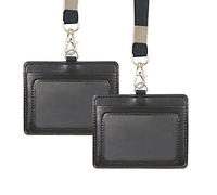 2 porta badge in poliuretano a doppia faccia, 10,4 x 8,4 cm, porta badge con cordino per il collo, carta d'identità orizzontale, in vera pelle (nero)