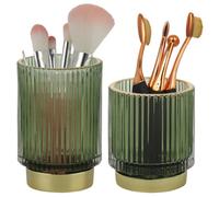 2 porta pennelli da trucco in vetro, organizer vintage con strisce verdi, tazze decorative per eyeliner, organizer da scrivania per ufficio, verde elegante
