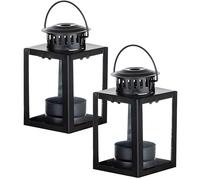 2 portacandele da appendere neri, struttura quadrata in ferro con pannelli in vetro, stile rustico per giardino e decorazione interna