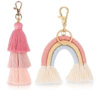 2 Portachiavi Boho Arcobaleno Con Pom Pom e Nappa - Charm Macramè per Borsa - Tessitura Arcobaleno per Donne e Ragazze - Colore: Rosa, M