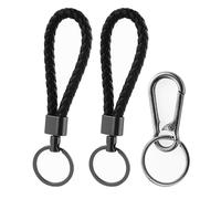 2 portachiavi in pelle intrecciata con 1 moschettone piccolo, unisex, portachiavi in pelle intrecciata di alta qualità, portachiavi in pelle per moto, Nero e argento., Basic