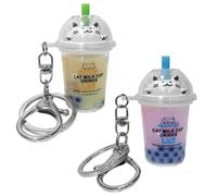 2 Portachiavi Per Tè Al Latte Con Gatti, Portachiavi Creativi Per Tè Al Latte Con Bolle Di Gatto, Portachiavi Con Sabbie Mobili Per Tè Al Latte, Ciondolo Per Borsa Per Ragazze