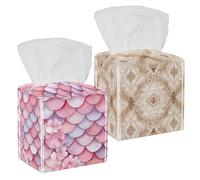 2 portatovaglioli quadrati in pelle PU con motivo etnico beige con cintura inferiore, organizer per carta facciale per casa, ufficio, auto