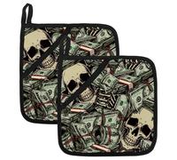 2 presine quadrate per cucina, stile vintage, con teschi e dollaro, resistenti al calore, resistenti al calore, per barbecue, microonde, lavabili