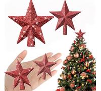 2 puntali per albero di Natale a forma di stella, con glitter, decorazione per albero di Natale, feste, colore rosso (10 cm + 15 cm)
