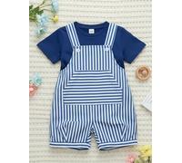 2 Pz Bambino Ragazzi A Righe Patch Tasca Tuta Tuta Con Tee Blu