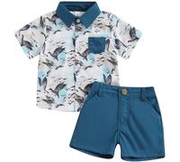 2 Pz Completi e Coordinati Sportivo Bambino Estivo Abbigliamento Ragazzi Stampa Tops T-Shirt Camicetta Manica Corta Camicia Shirt + Pantaloncini Elastici in Vita Casual Spiaggia (Blu, 12-18 Months)