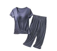 2 Pz Pigiama Set per Le Donne Loungewear Coppa Integrato Abbigliamento Per La Casa A Maniche Corte Pantaloni Corti Tinta Unita Grandi Dimensioni Set Lingerie Accogliente Pj, Grigio, XXL