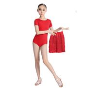 2 PZ Ragazze Frangia Gonna da Ballo con Body Bambini Abiti da Ballo Vestito per Latino Salsa Samba Rumba Tango Nappa Dancewear Competizione Prestazioni Pratica Costume 5 Colori,Rosso,140cm