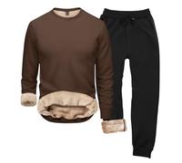 2 Pz Tute per Uomo Abbigliamento Sportivo Set Uomo Primavera Autunno Inverno Plus Velluto Tinta Unita Casual Calda Manica Lunga Girocollo Felpa Allentata Addensata per Abbigliamento Sport, Caff, L