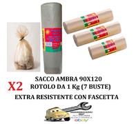 2 Rotoli da 1 Kg (Tot. 14 Buste) 90x120 Sacco immondizia AMBRA Extra Resistenti