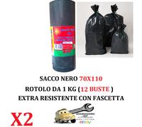 2 Rotoli da 1 Kg (Tot. 24 Buste) 70x110 Sacco immondizia NERO Extra Resistenti
