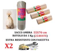 2 Rotoli da 1 Kg (Tot. 50 Buste) 55x70 Sacco immondizia AMBRA Extra Resistenti