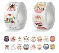2 rotoli da 1000 adesivi con scritta "Happy Birthday", 16 disegni rotondi da 2,5 cm, etichette autoadesive per compleanni, buste regalo, buste, bomboniere, decorazioni (2 rotoli)
