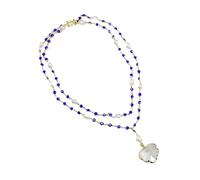 2 Rows Cultured White Rice Pearl Blue Crystal Rosary Chain Necklace Gold Plated Quartzs Leaf Pendant For Women HJDIPCKYVG