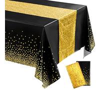 2 Runner Tavola Rettangolari, 12 x 108 Pollici Tovaglia Paillettes 54 x 108 Pollici Copritavolo a Pois Coriandoli in Plastica Decor Tavola Glitter Feste per Compleanno (Nero, Oro)