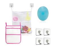 2 sacchetti in rete per giocattoli (bianco, rosa rosso a doppio strato) e 4 ganci e 1 pettine per shampoo, robusta rete per giocattoli per vasche da bagno per bambini