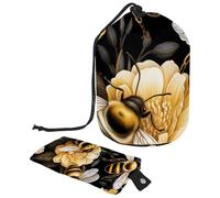 2 sacchetti per cosmetici a secchiello da viaggio, di grande capacità, morbidi, impermeabili, con coulisse, borsa cosmetica con api, Art Florals Bee, 9.9x6.9in/25.2x17.6cm;6x3.5in/15.2x8.8cm, Design