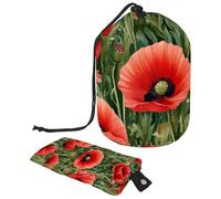 2 sacchetti per cosmetici a secchiello da viaggio, di grande capacità, morbidi, impermeabili, portatili, con coulisse, con fiori rossi, papaveri, Fiori rossi Prato Papavero,