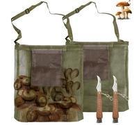 2 sacchetti per la raccolta di funghi con coltello per funghi, coltello per funghi con spazzola e righello, borsa per la ricerca del cibo, borsa pieghevole per la raccolta di funghi con grande