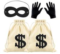 2 sacchetti per soldi, 17 x 25 cm, borsa in tela con coulisse, 1 paio di guanti da ladro e 1 maschera nera per gli occhi, sacchetti creativi per monete, per travestimenti, feste di Halloween, feste a