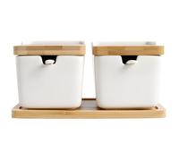 2 saliera in ceramica, coperchi in legno, mini barattoli per spezie con cucchiai, perfetti per viaggi e cucina
