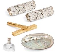 2 salvia bianca e 2 palo santo premium californiano, conchiglia abalone, raccolta 100% controllata e sostenibile, set di affumicatura elimina le energie negative, per rituali energetici