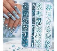 2 Scatole 2000 pezzi Set di strass per unghie blu lago a 24 griglie, forme miste, marquise, rotonde, a forma di aquilone, cristalli scintillanti, decorazione per unghie 3D in vetro scintillante, decor