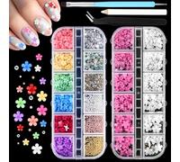 2 scatole di fiori 3D per unghie, ciondoli per unghie 3D con strass per unghie, perline in 3 colori, decorazioni per nail art con strumenti per raccogliere e punteggiare, per nail art fai da te,