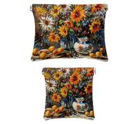 2 scatole tascabili in finta pelle, piccole borse per il trucco, sacchetti a chiusura automatica per borsa, mini custodia da viaggio per cosmetici, pittura a olio, girasole zucca autunno, Motivo: